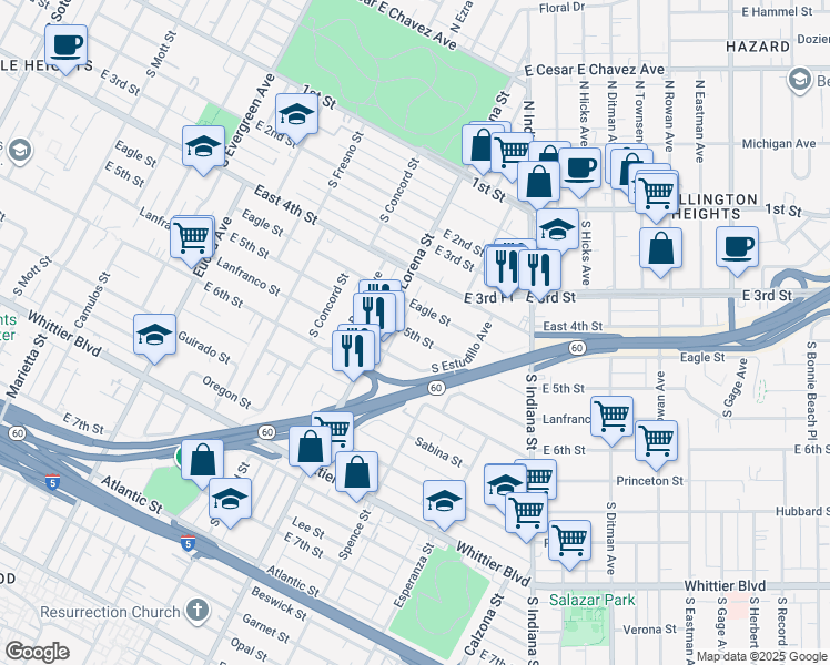 map of restaurants, bars, coffee shops, grocery stores, and more near 3433 East 5th Street in Los Angeles