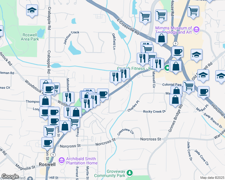 map of restaurants, bars, coffee shops, grocery stores, and more near 1220 Alpharetta Street in Roswell