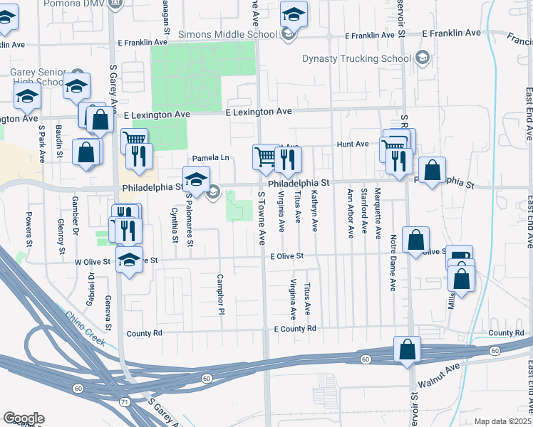 map of restaurants, bars, coffee shops, grocery stores, and more near 2184 South Towne Avenue in Pomona