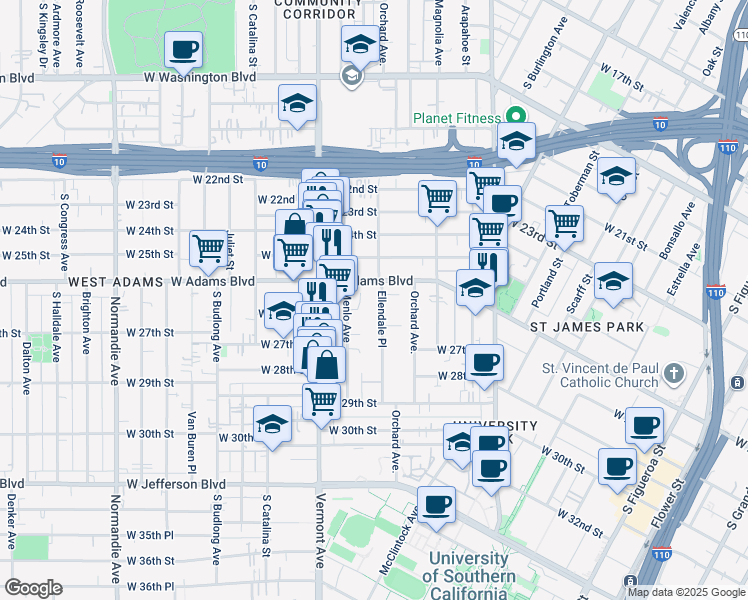 map of restaurants, bars, coffee shops, grocery stores, and more near 2623 Ellendale Place in Los Angeles