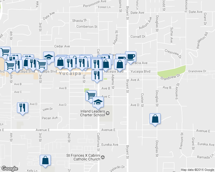 map of restaurants, bars, coffee shops, grocery stores, and more near 35164 Avenue B in Yucaipa