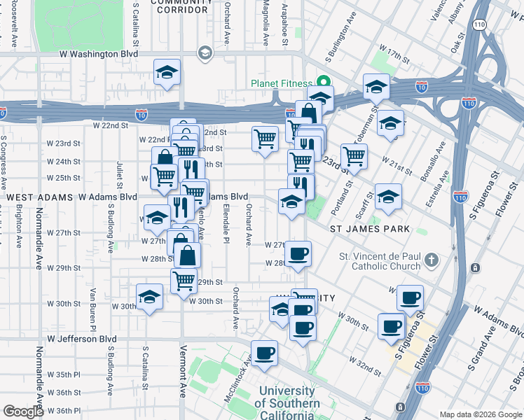 map of restaurants, bars, coffee shops, grocery stores, and more near 2622 Orchard Avenue in Los Angeles