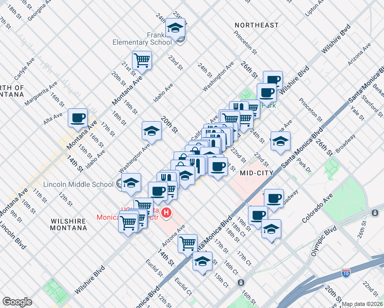 map of restaurants, bars, coffee shops, grocery stores, and more near 1107 19th Street in Santa Monica