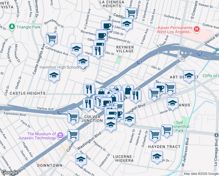 map of restaurants, bars, coffee shops, grocery stores, and more near 3127 Vera Avenue in Los Angeles