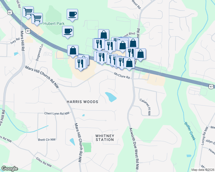 map of restaurants, bars, coffee shops, grocery stores, and more near 4378 Sail Winds Court Northwest in Acworth