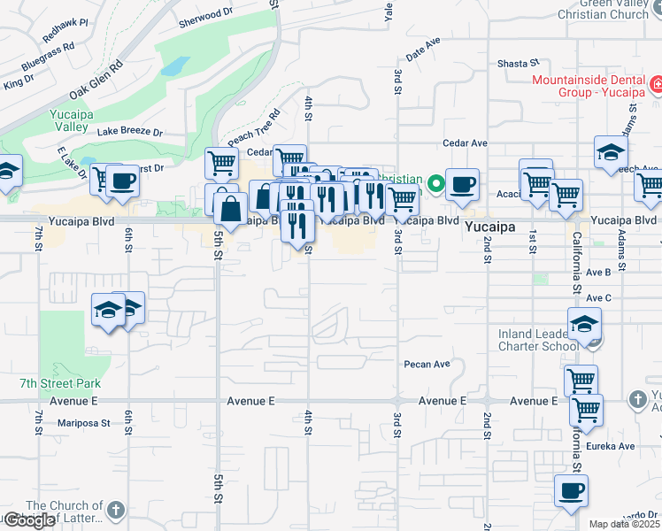 map of restaurants, bars, coffee shops, grocery stores, and more near 34551 Avenue B in Yucaipa
