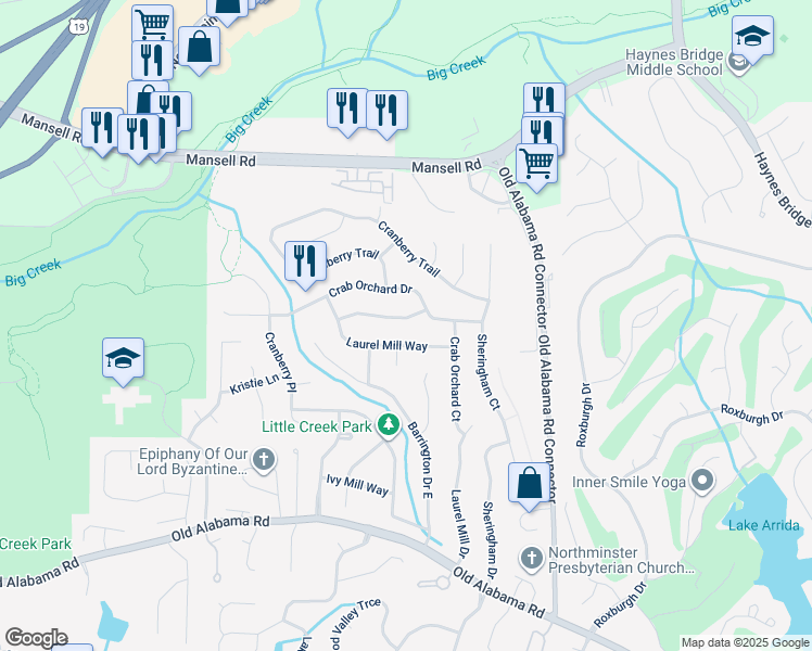 map of restaurants, bars, coffee shops, grocery stores, and more near 220 Crab Orchard Way in Roswell