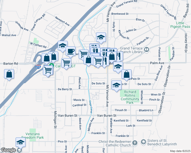 map of restaurants, bars, coffee shops, grocery stores, and more near 12168 Mount Vernon Avenue in Grand Terrace