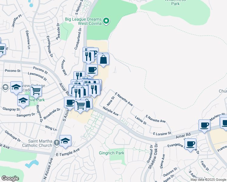 map of restaurants, bars, coffee shops, grocery stores, and more near 1627 South Nadine Street in West Covina