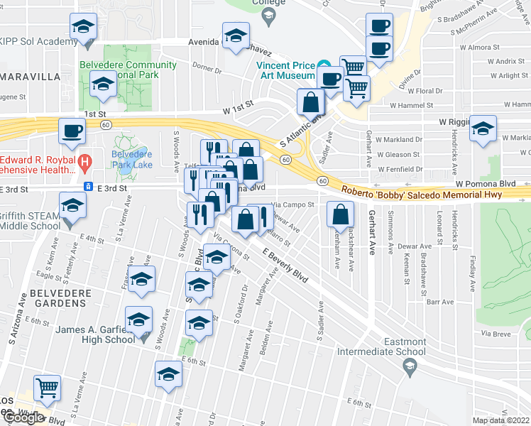 map of restaurants, bars, coffee shops, grocery stores, and more near 5274 Dewar Avenue in Los Angeles