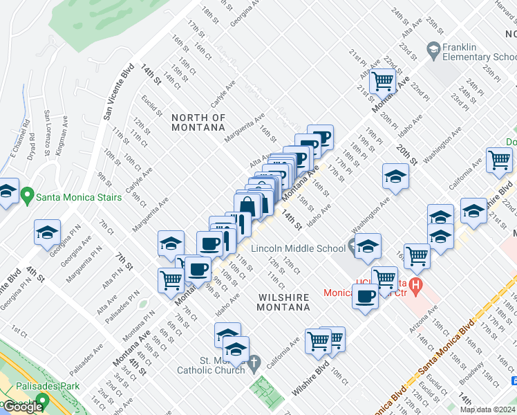 map of restaurants, bars, coffee shops, grocery stores, and more near 723 Euclid Street in Santa Monica