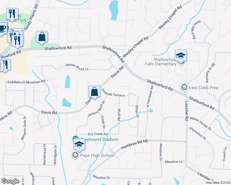 map of restaurants, bars, coffee shops, grocery stores, and more near 3599 Sawmill Terrace in Marietta