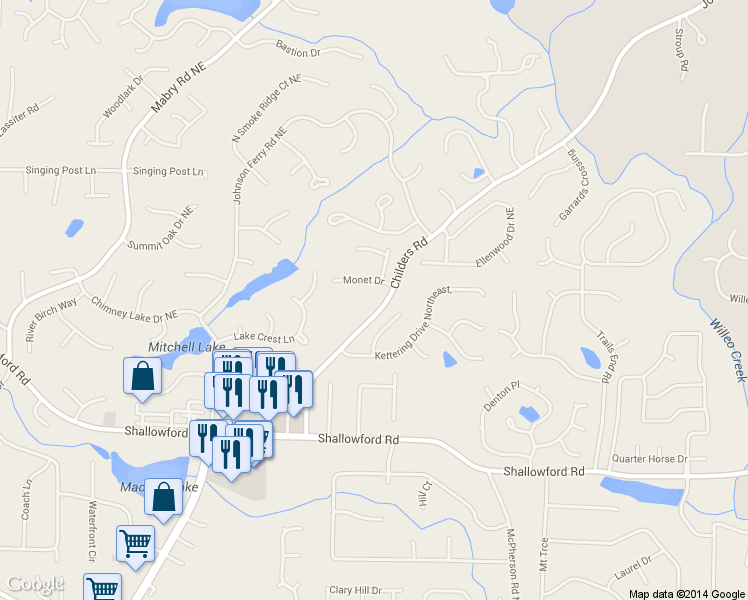 map of restaurants, bars, coffee shops, grocery stores, and more near 3393 Childers Rd in Roswell
