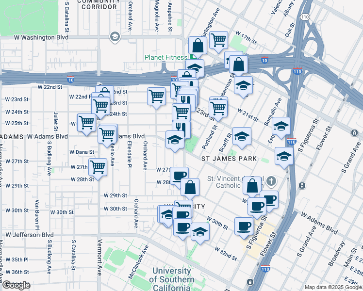 map of restaurants, bars, coffee shops, grocery stores, and more near 2595 South Hoover Street in Los Angeles
