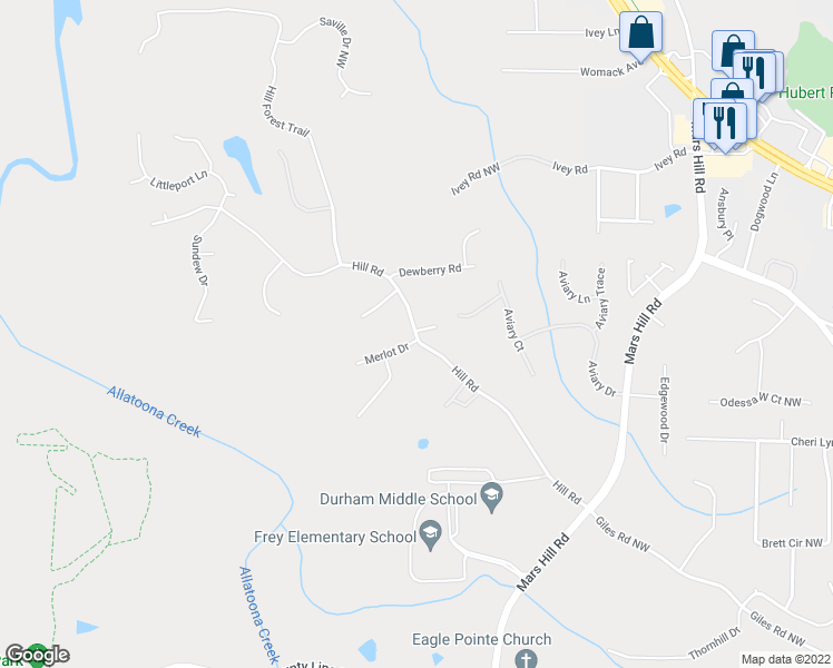 map of restaurants, bars, coffee shops, grocery stores, and more near Hill Road in Acworth