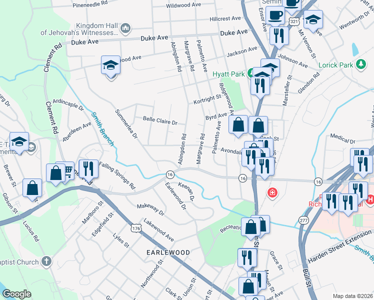 map of restaurants, bars, coffee shops, grocery stores, and more near 3318 Abingdon Road in Columbia
