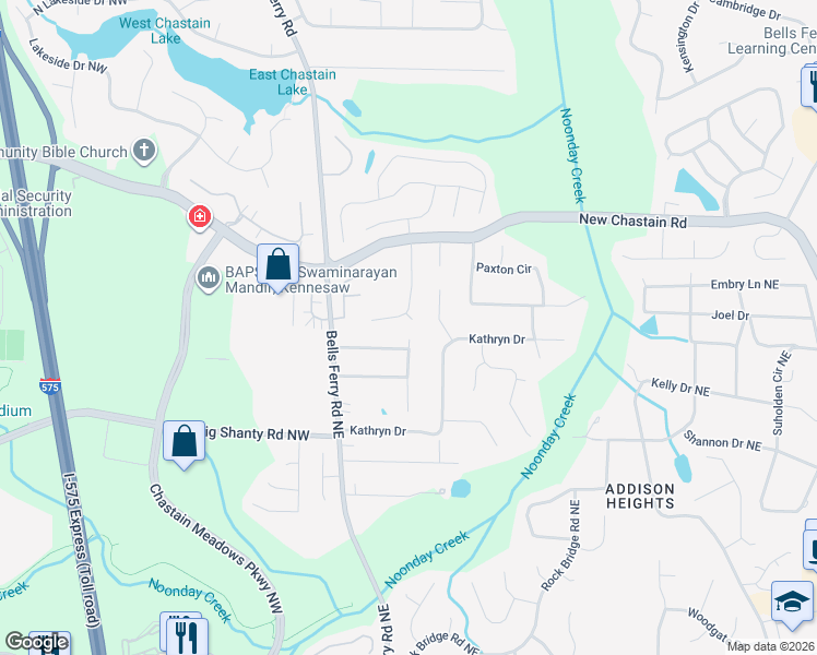 map of restaurants, bars, coffee shops, grocery stores, and more near 3340 Chastain Crossing Northeast in Marietta