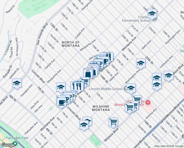 map of restaurants, bars, coffee shops, grocery stores, and more near 723 Euclid Street in Santa Monica