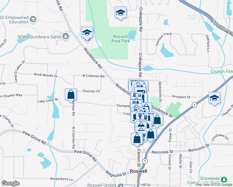 map of restaurants, bars, coffee shops, grocery stores, and more near 103 Nancy Trail in Roswell