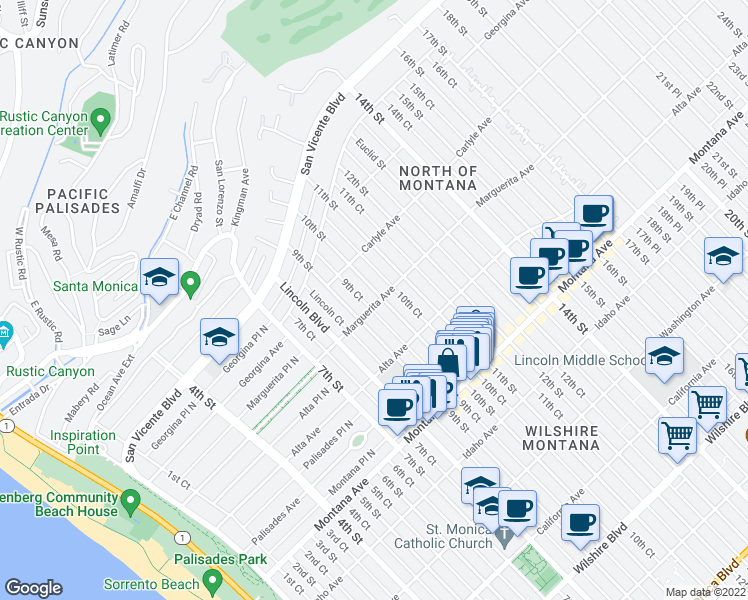 map of restaurants, bars, coffee shops, grocery stores, and more near 454 10th Street in Santa Monica