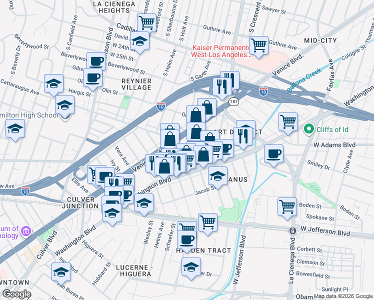 map of restaurants, bars, coffee shops, grocery stores, and more near 3233 Fay Avenue in Los Angeles