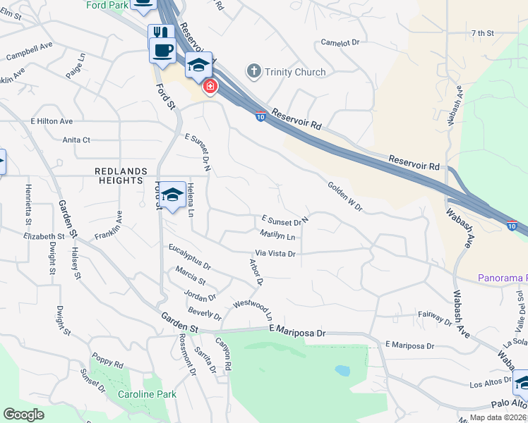 map of restaurants, bars, coffee shops, grocery stores, and more near 505 East Sunset Drive North in Redlands