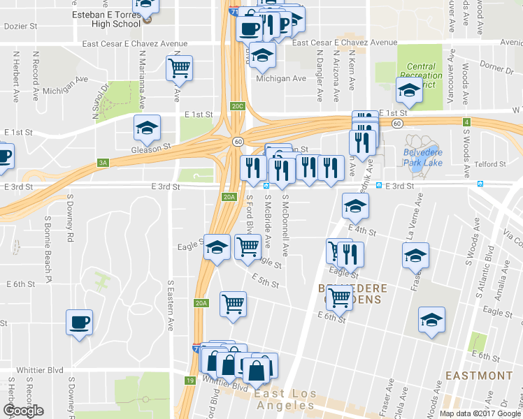 map of restaurants, bars, coffee shops, grocery stores, and more near 347 South McBride Avenue in Los Angeles