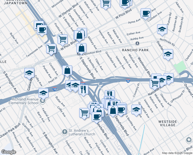 map of restaurants, bars, coffee shops, grocery stores, and more near 2642 South Sepulveda Boulevard in Los Angeles