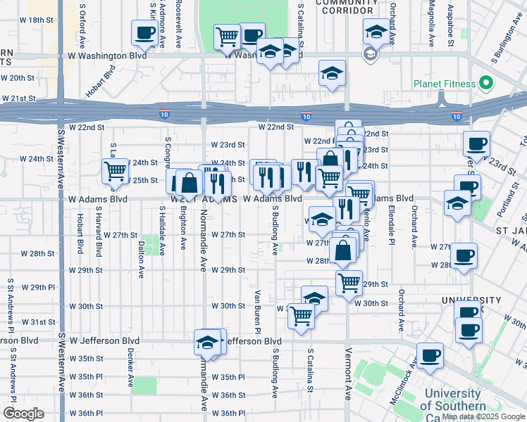 map of restaurants, bars, coffee shops, grocery stores, and more near 2620 Van Buren Place in Los Angeles