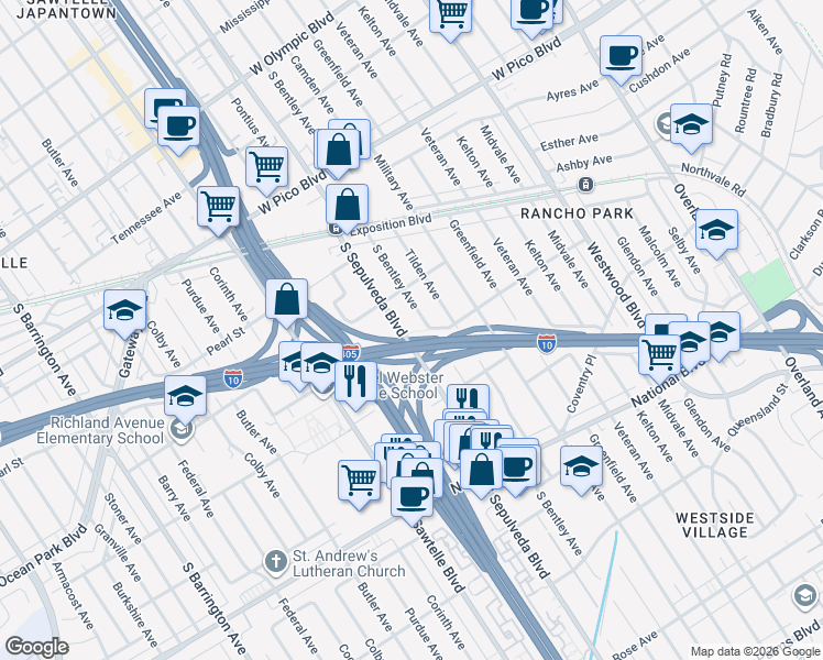 map of restaurants, bars, coffee shops, grocery stores, and more near 2642 South Sepulveda Boulevard in Los Angeles