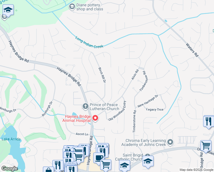 map of restaurants, bars, coffee shops, grocery stores, and more near 214 Birch Rill Drive in Alpharetta