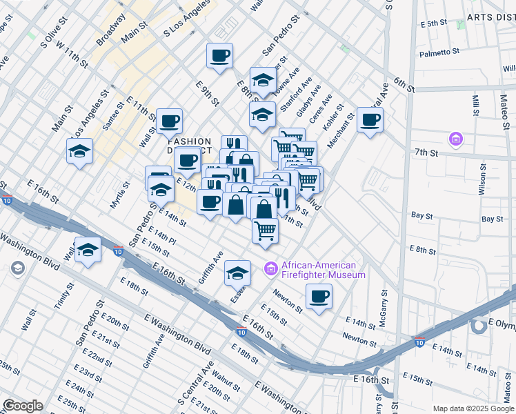 map of restaurants, bars, coffee shops, grocery stores, and more near 950 East 11th Street in Los Angeles