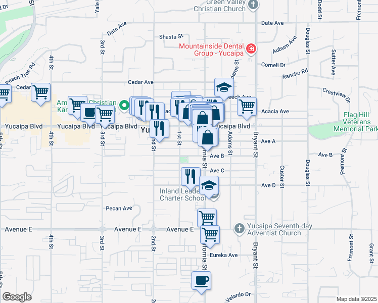 map of restaurants, bars, coffee shops, grocery stores, and more near 35022 Avenue B in Yucaipa