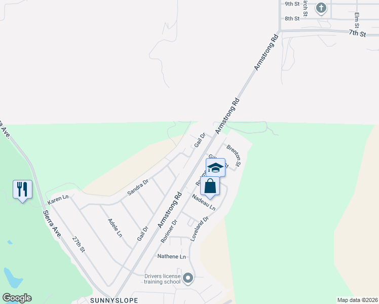 map of restaurants, bars, coffee shops, grocery stores, and more near 2123 Sandra Drive in Riverside