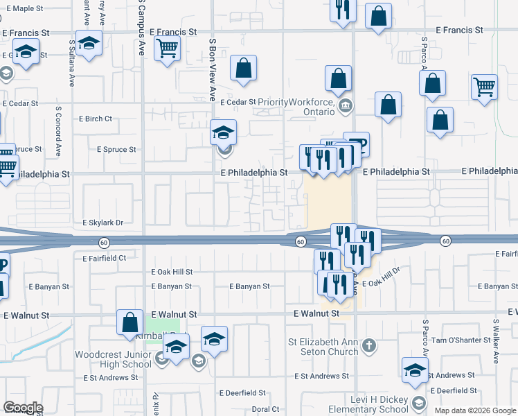 map of restaurants, bars, coffee shops, grocery stores, and more near 2319 South Greenwood Place in Ontario