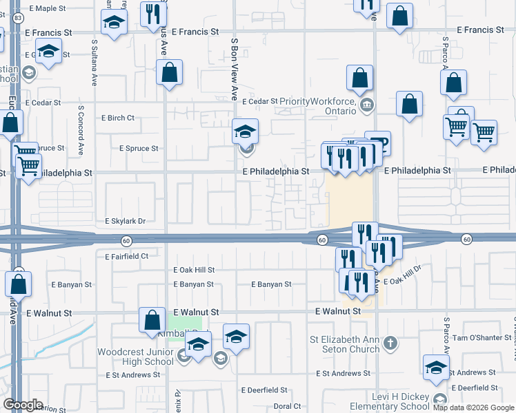 map of restaurants, bars, coffee shops, grocery stores, and more near 925 Shearwater Street in Ontario