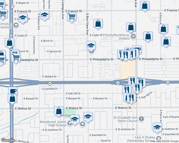 map of restaurants, bars, coffee shops, grocery stores, and more near 2302 South Bon View Avenue in Ontario