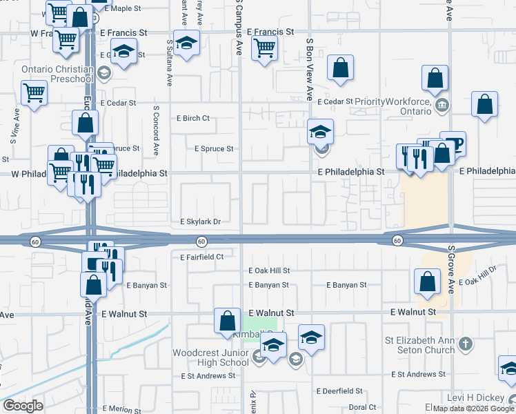 map of restaurants, bars, coffee shops, grocery stores, and more near 2255 South Phoenix Place in Ontario