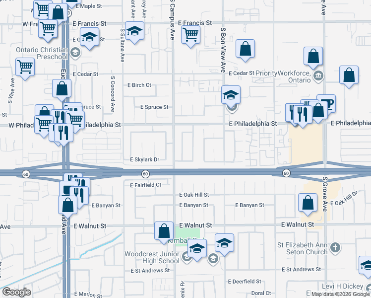 map of restaurants, bars, coffee shops, grocery stores, and more near 2255 South Phoenix Place in Ontario