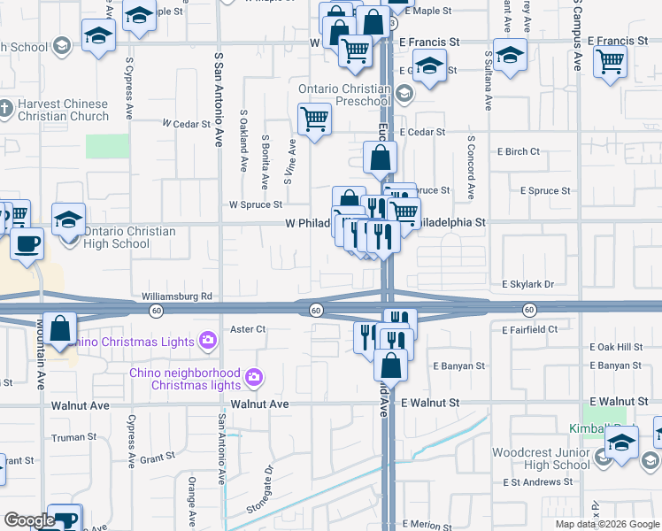 map of restaurants, bars, coffee shops, grocery stores, and more near 2257 South Fern Avenue in Ontario
