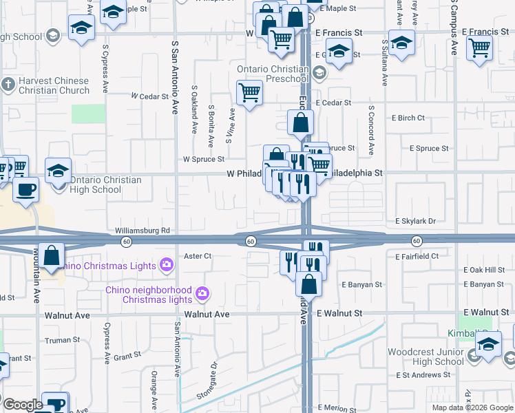 map of restaurants, bars, coffee shops, grocery stores, and more near 2257 South Fern Avenue in Ontario