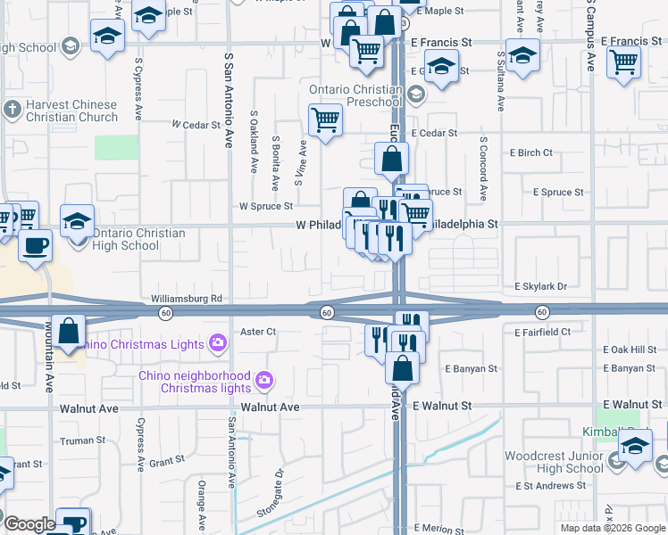 map of restaurants, bars, coffee shops, grocery stores, and more near 2257 South Fern Avenue in Ontario