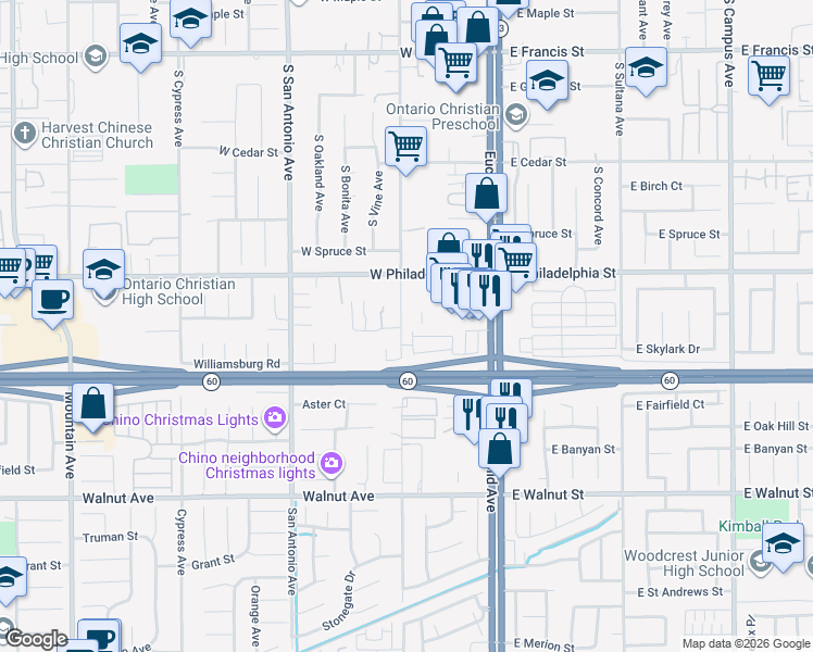 map of restaurants, bars, coffee shops, grocery stores, and more near 2257 South Fern Avenue in Ontario