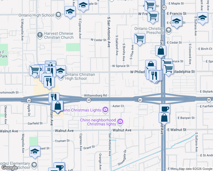 map of restaurants, bars, coffee shops, grocery stores, and more near 12208 Alexandria Place in Chino