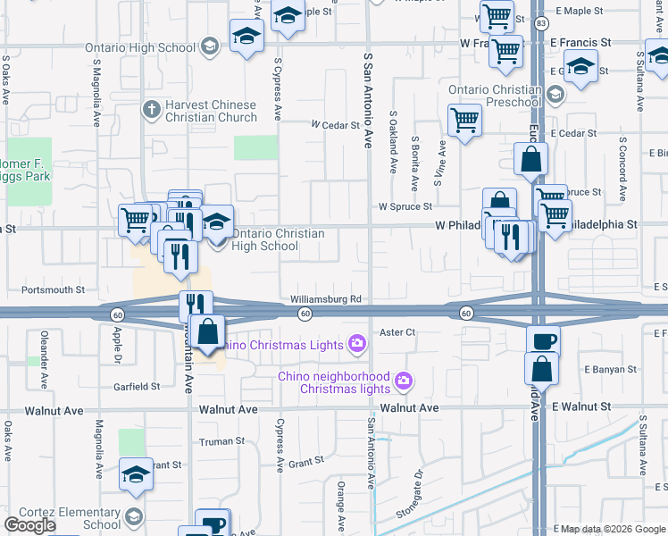 map of restaurants, bars, coffee shops, grocery stores, and more near 12208 Alexandria Place in Chino