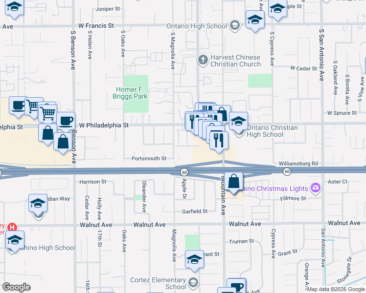map of restaurants, bars, coffee shops, grocery stores, and more near 1123 West Whittlers Lane in Ontario