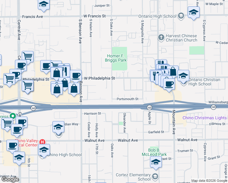 map of restaurants, bars, coffee shops, grocery stores, and more near 2244 South Oaks Avenue in Ontario