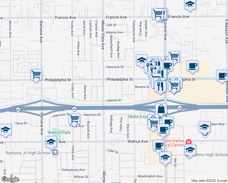 map of restaurants, bars, coffee shops, grocery stores, and more near 12183 Dunlap Place in Chino