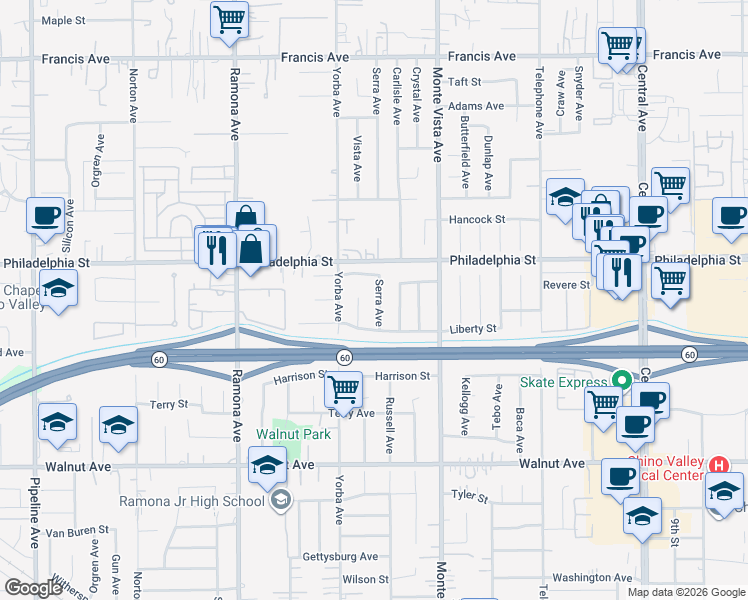 map of restaurants, bars, coffee shops, grocery stores, and more near 12163 Serra Avenue in Chino