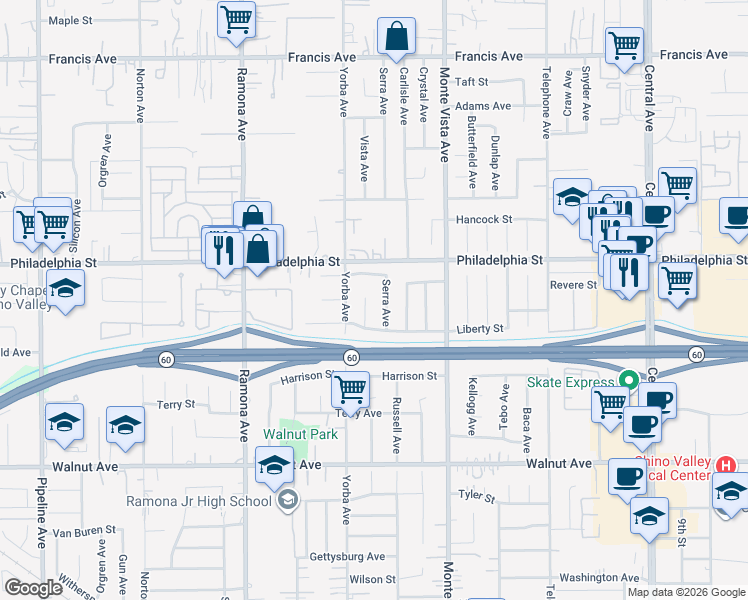 map of restaurants, bars, coffee shops, grocery stores, and more near 12160 Vista Court in Chino